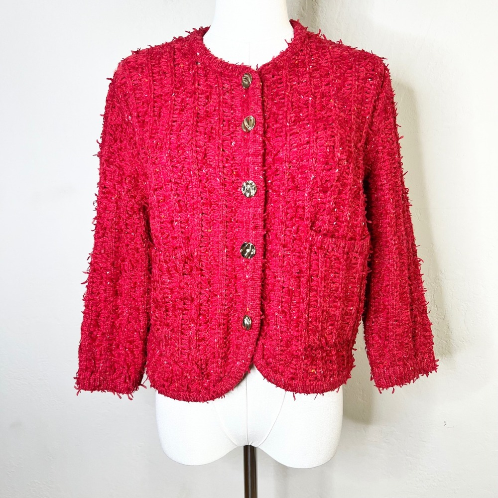 Zara Cardigan Jacket Textured Knit Size Small Red Gold Button 3/4 Sleeve NEW